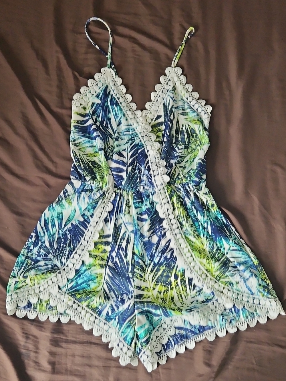 Trac Tropical Leaf Lace-Trim Romper in Blue & Green